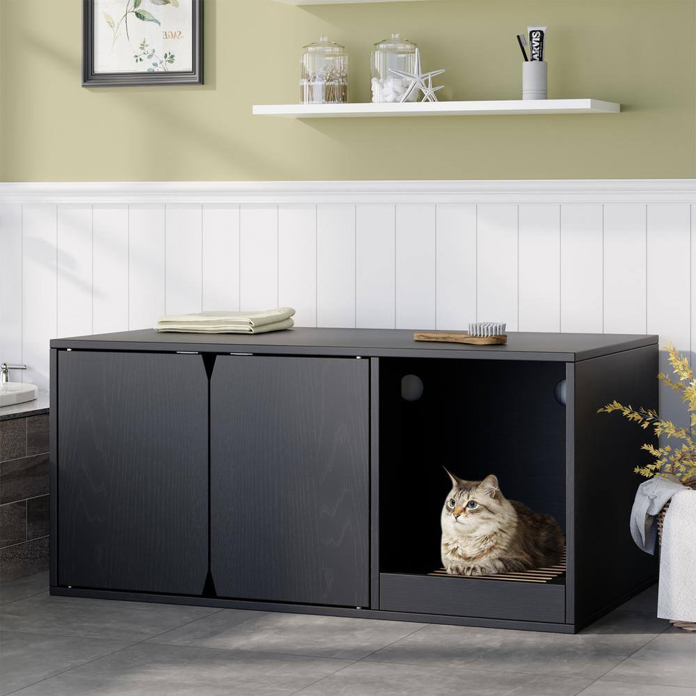 None Indoor Modern Wood Cat Hidden Litter Box Enclosure Cabinet, Large Stackable Cat Washroom Storage Cabinet, Black