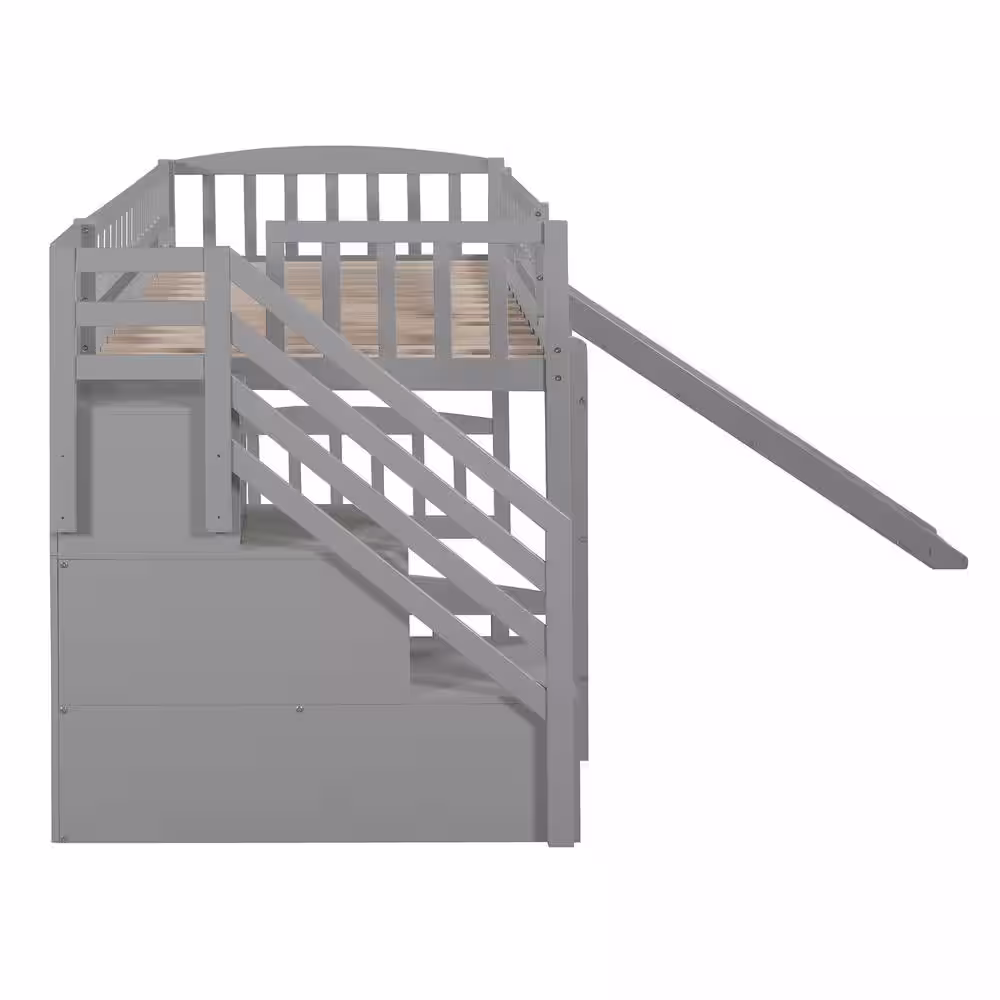 Harper & Bright Designs Gray Wood Frame Twin Size Loft Bed with Slide, Staircase with 2-drawers