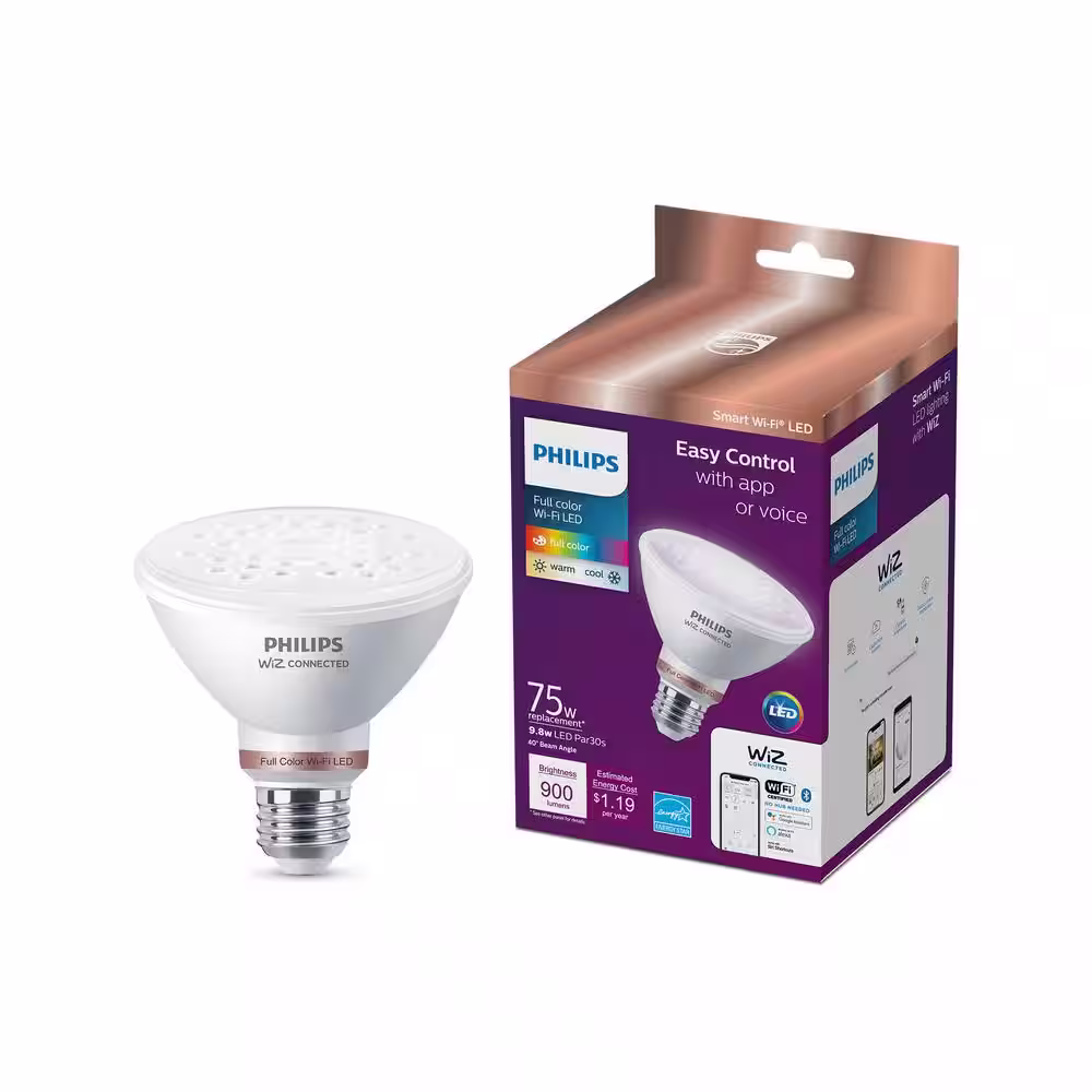 Philips 75-Watt Equivalent PAR30S Smart Wi-Fi LED Color Changing Light Bulb Powered by WiZ with Bluetooth (1-Pack)