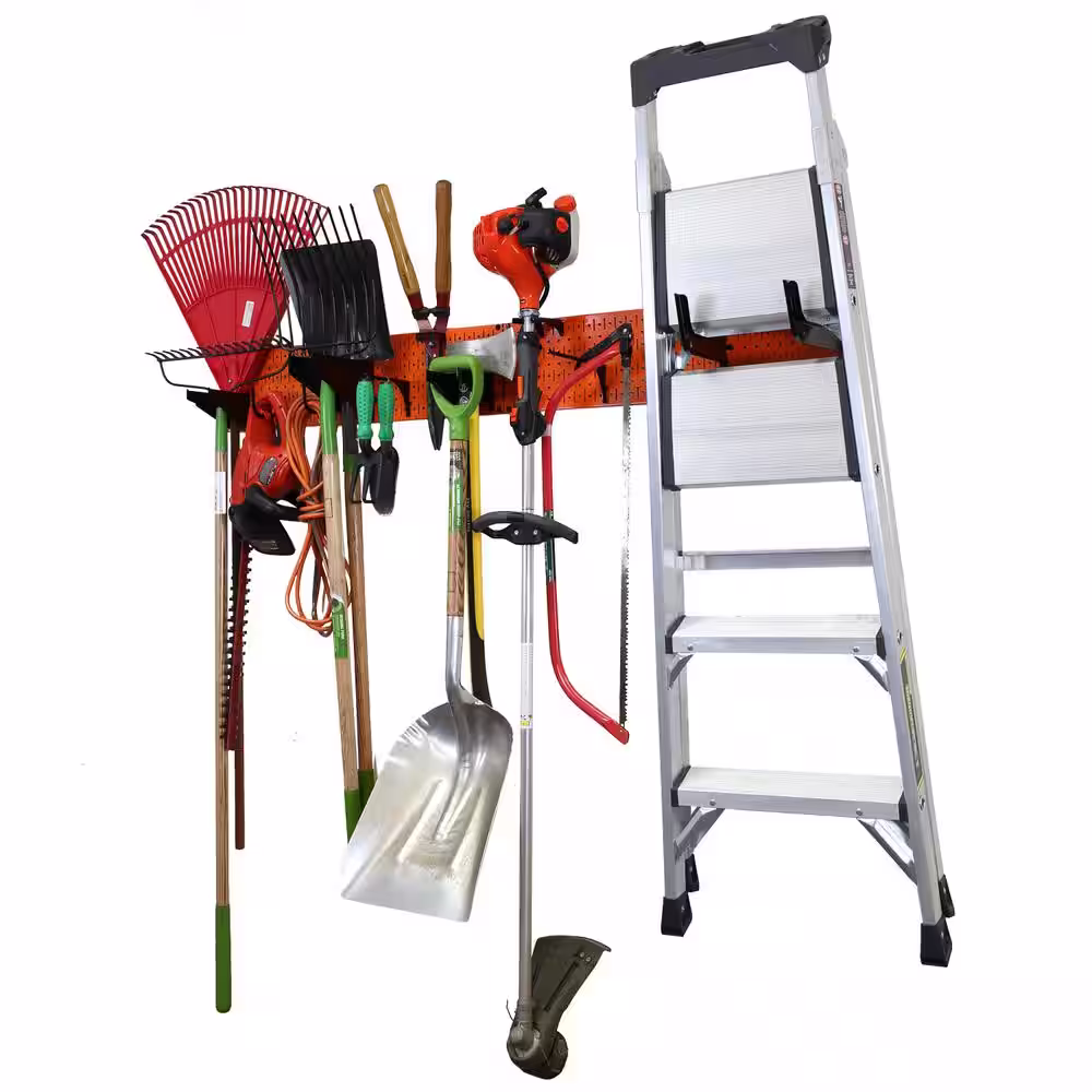 Wall Control 8 in. H x 64 in. W Garage Tool Storage Lawn and Garden Tool Organizer Rack with Orange Metal Pegboard and Black Hook Set