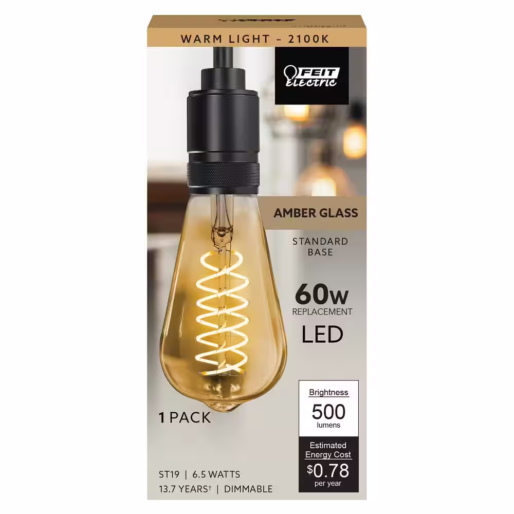 Feit Electric 60-Watt Equivalent ST19 Dimmable Spiral Filament Amber Glass E26 Vintage Edison LED Light Bulb, Warm White (4-Pack)