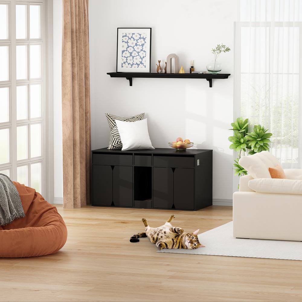 None Wooden Double Hidden Litter Box Furniture w/4 Doors and Litter Filter for 2 Cats, Black Cat Washroom with Storage Space