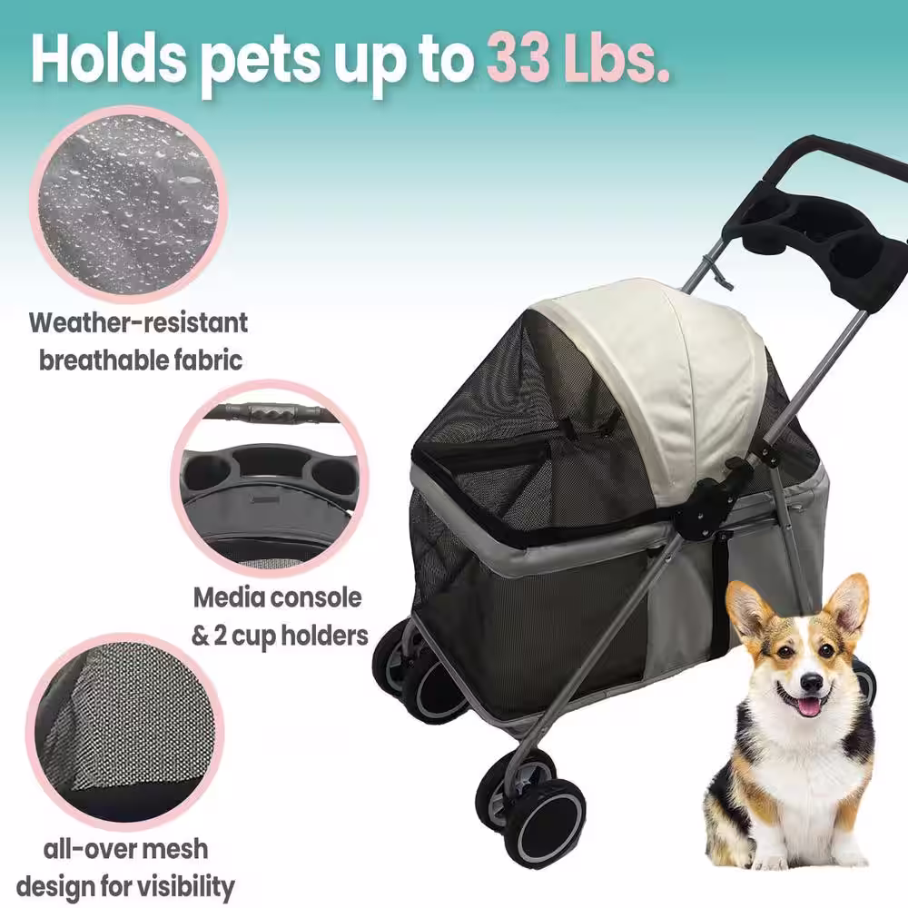 Critter Sitters Single 4 Wheel Pet Stroller for Pets 33 Lbs. and Under, Gray
