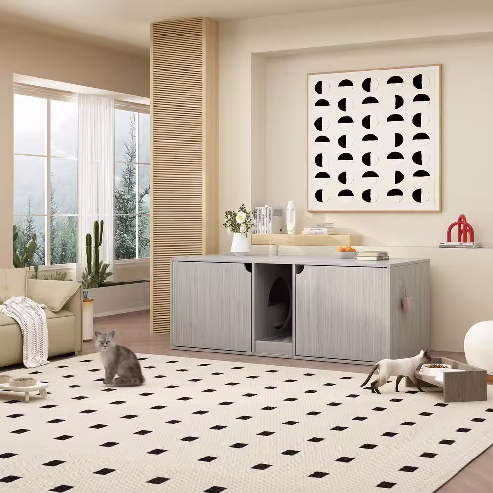 FUFU&GAGA Hidden Cat Litter Box Enclosure Furniture, Indoor Cat Washroom End Table with Double Room and Litter Catch, Gray