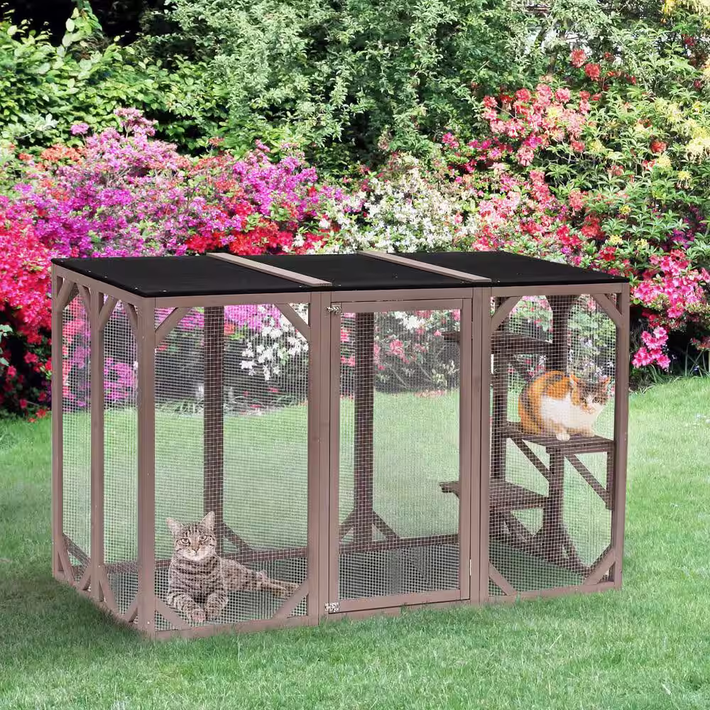 PawHut 71 in. L Orange Wooden Outdoor Cat House with Asphalt Roof, Multi-Level Platforms, and Large Enter Door