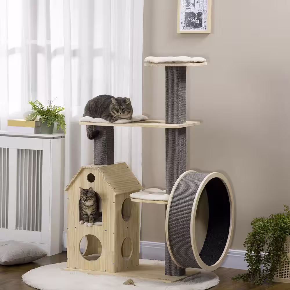 PawHut 53 in. Cat Tree, Kitty Activity Center Cat Tower with Running Wheel, Cat Bed, Cushions, Sisal Scratching Post