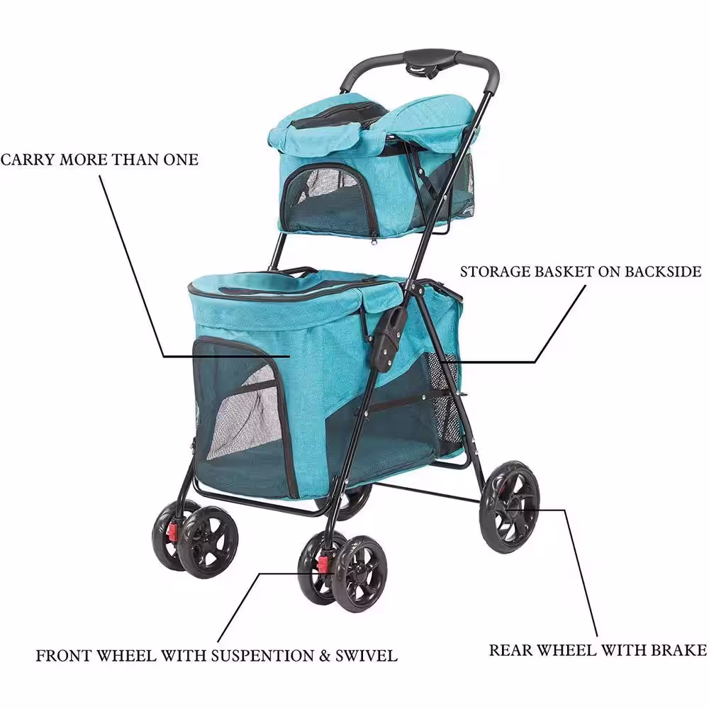 Tatayosi Portable Folding Dog Stroller Travel Cage Stroller for Pet Cat Kitten Puppy Carriages - Large 4 Wheels