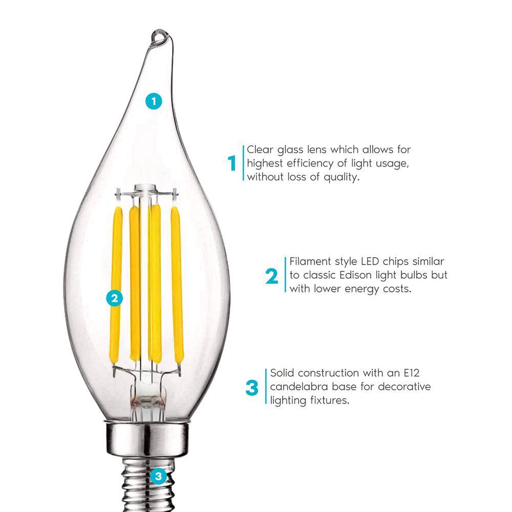 LUXRITE 60-Watt Equivalent 5-Watt E12 Base Chandelier LED Light Bulb 3500K Natural White Dimmable, Flame Tip (16-Pack)