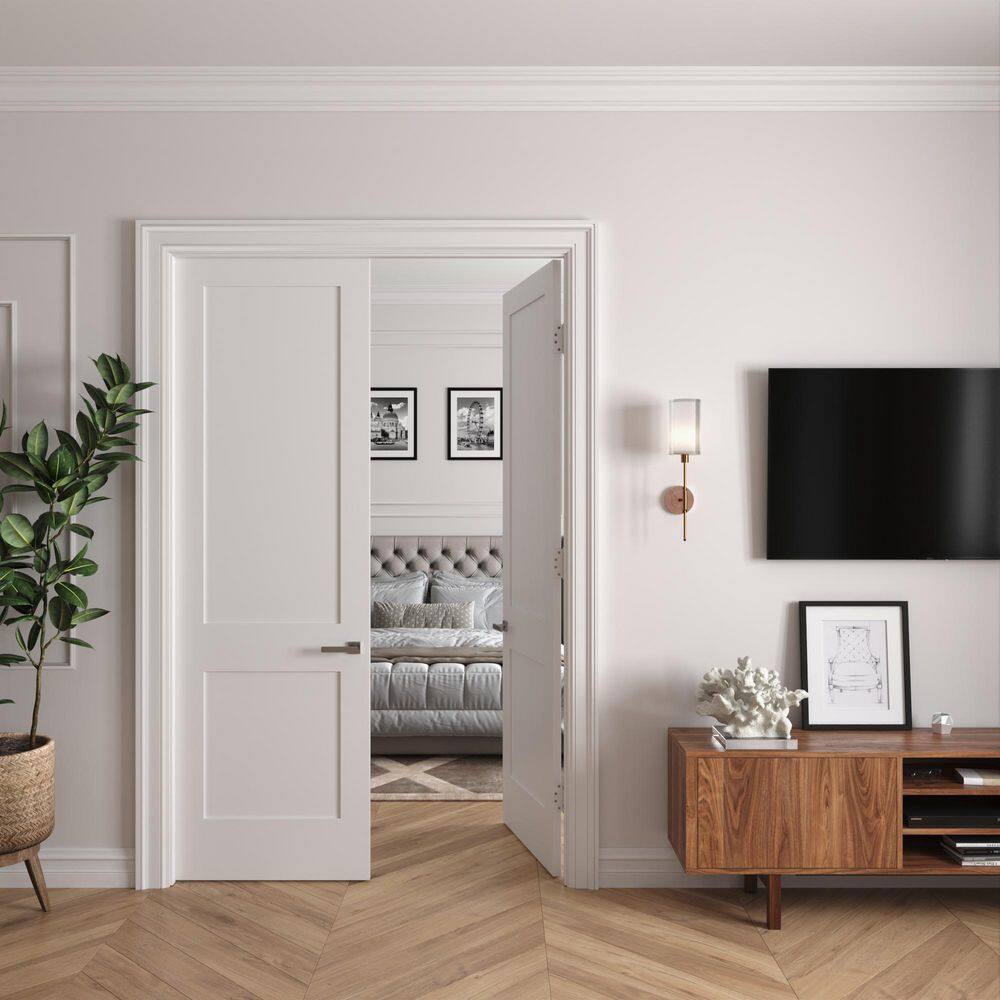 RESO 64 in. x 96 in. Bi-Parting Solid Core Primed White Composite Wood Double Pre-hung interior French Door Polished Nickel