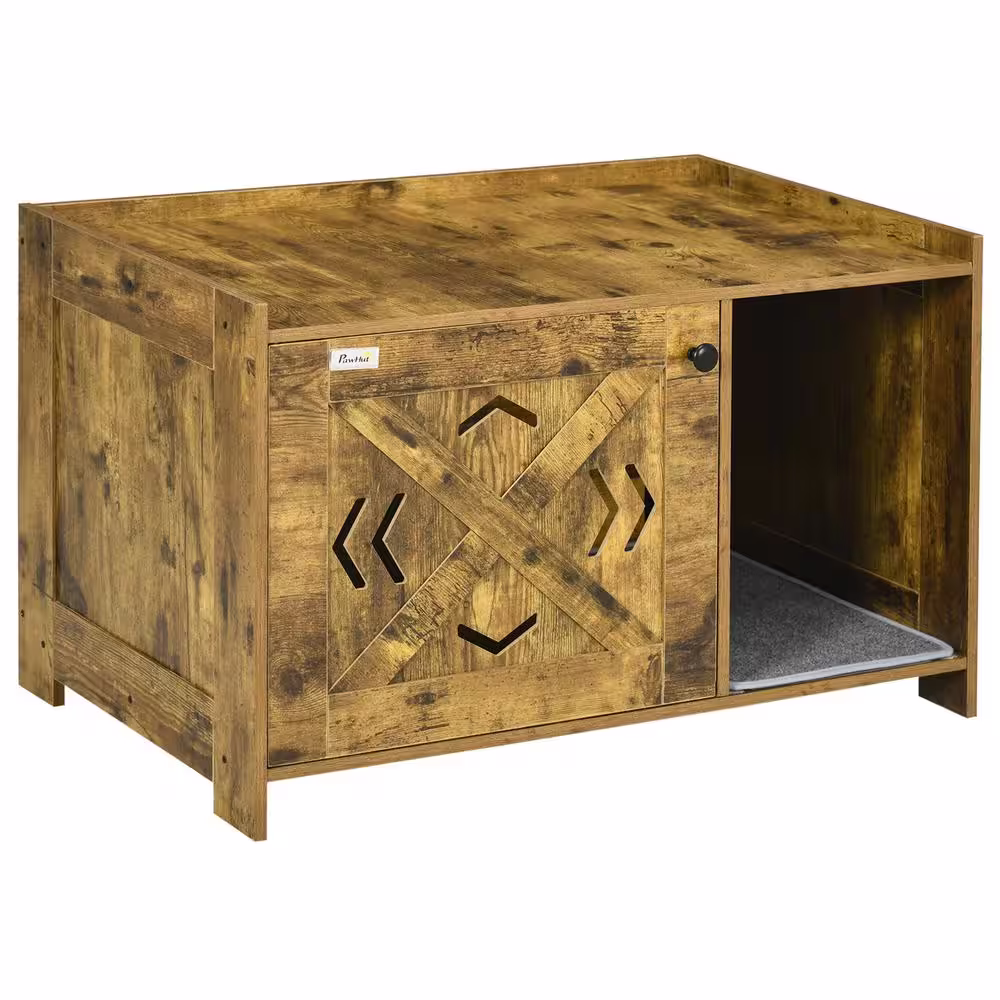 PawHut Litter Box Enclosure, Industrial Cat Litter Box Furniture with Door and Scratching Pad, Bedroom, Hallway, Rustic Brown