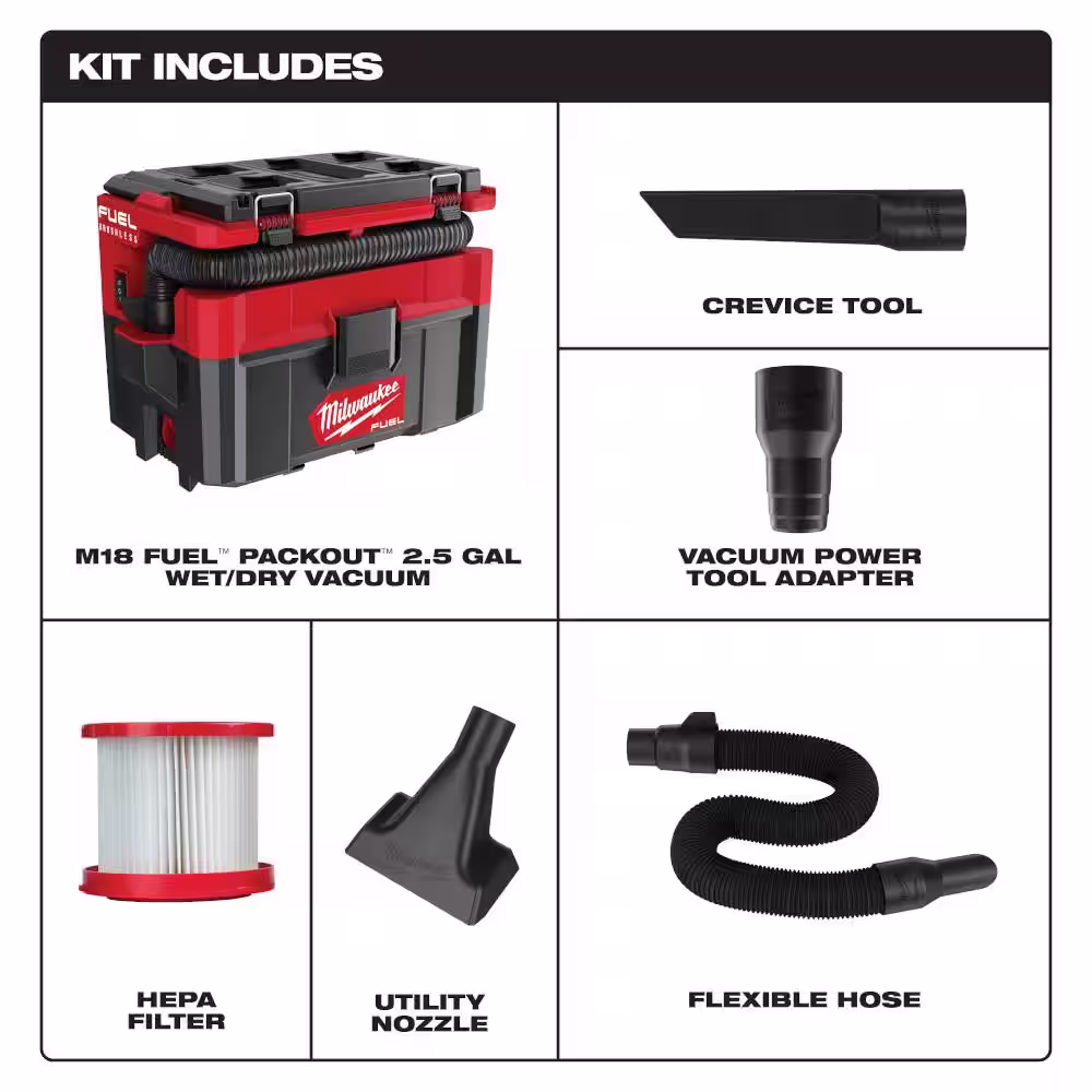 Milwaukee M18 FUEL PACKOUT 18-Volt Lithium-Ion Cordless 2.5 Gal. Wet/Dry Vacuum w/2.0ah Battery