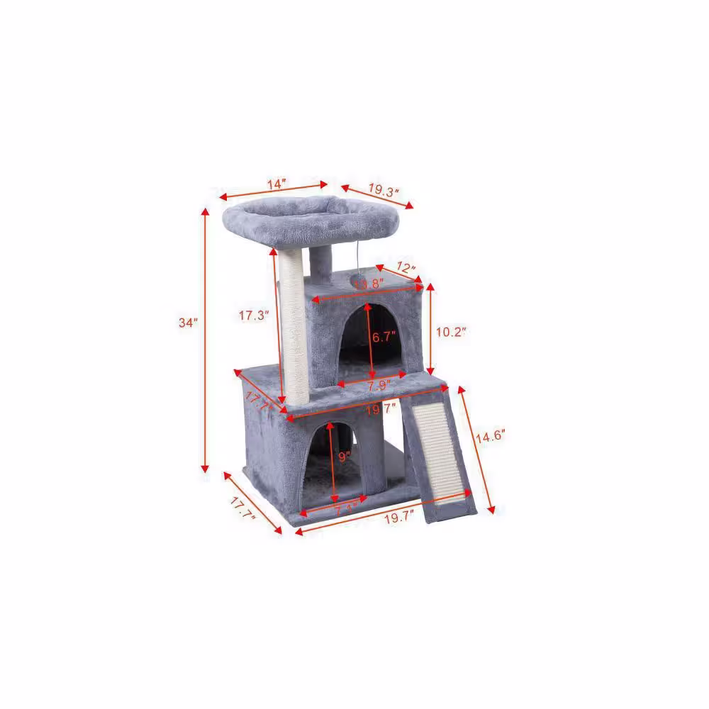 None Double-Layer Cat Tree with Cat House and Ladder - Light Gray