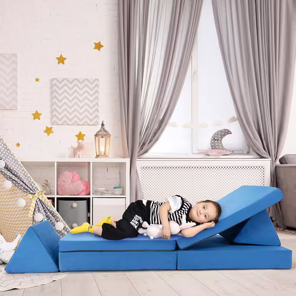 Costway 4-Piece Blue Convertible Kids Couch or 2-Chairs Toddler to Teen Sofa and Play Set