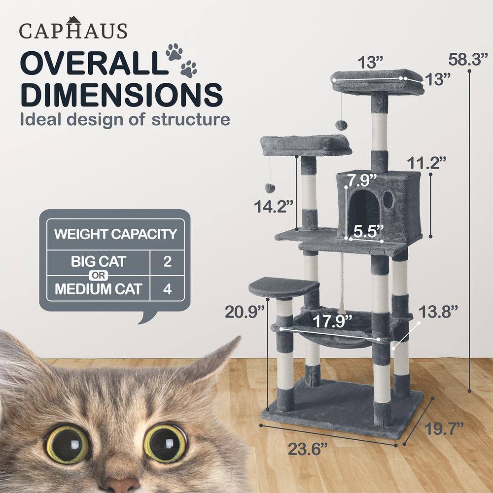 None 58 in. Dark Grey Cat Tower for Indoor Cats, Multi-Level Cat Activity Tree with Scratching Posts, Basket, Cave Condo