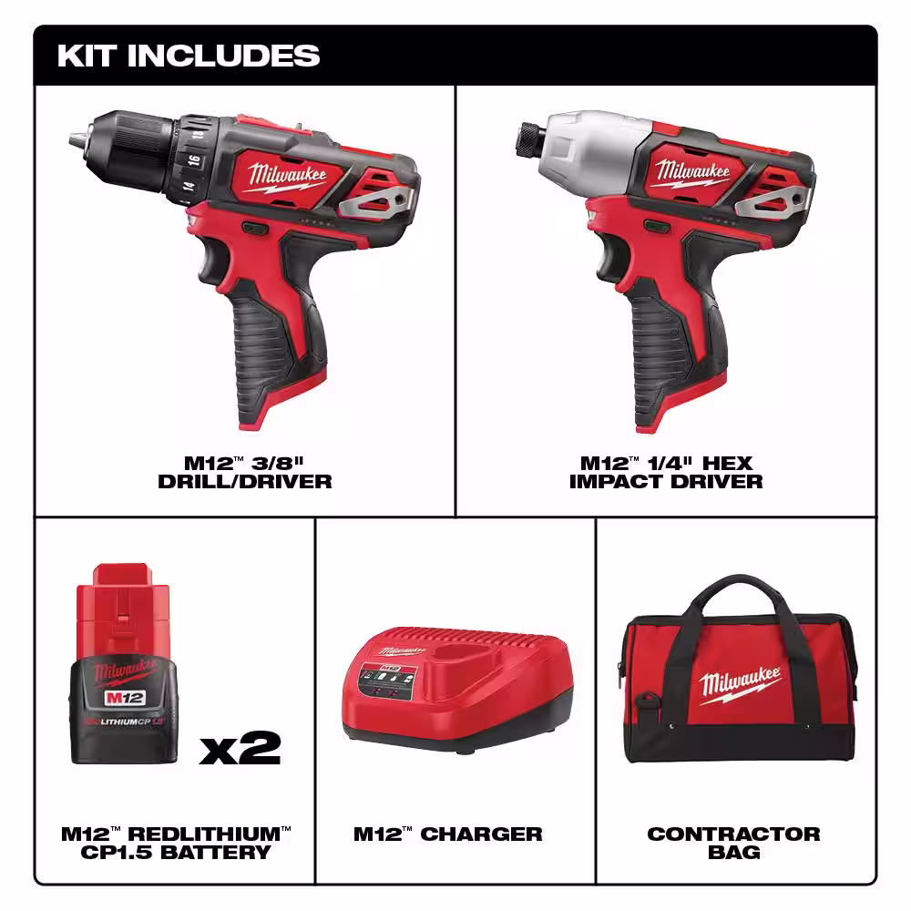 Milwaukee M12 12-Volt Lithium-Ion Cordless 2-Tool Combo Kit w/SHOCKWAVE Impact Duty Alloy Steel Screw Driver Bit Set (25-Piece)