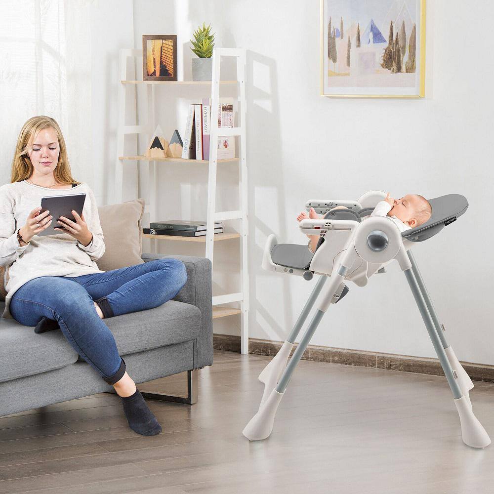 Gymax Gray Baby High Folding Dining Chair with Adjustable Height and Footrest