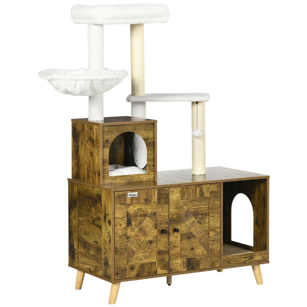 PawHut Litter Box Enclosure with Cat Tree Tower, Hidden Cat Washroom Furniture with Condo, Scratching Posts, Rustic Brown