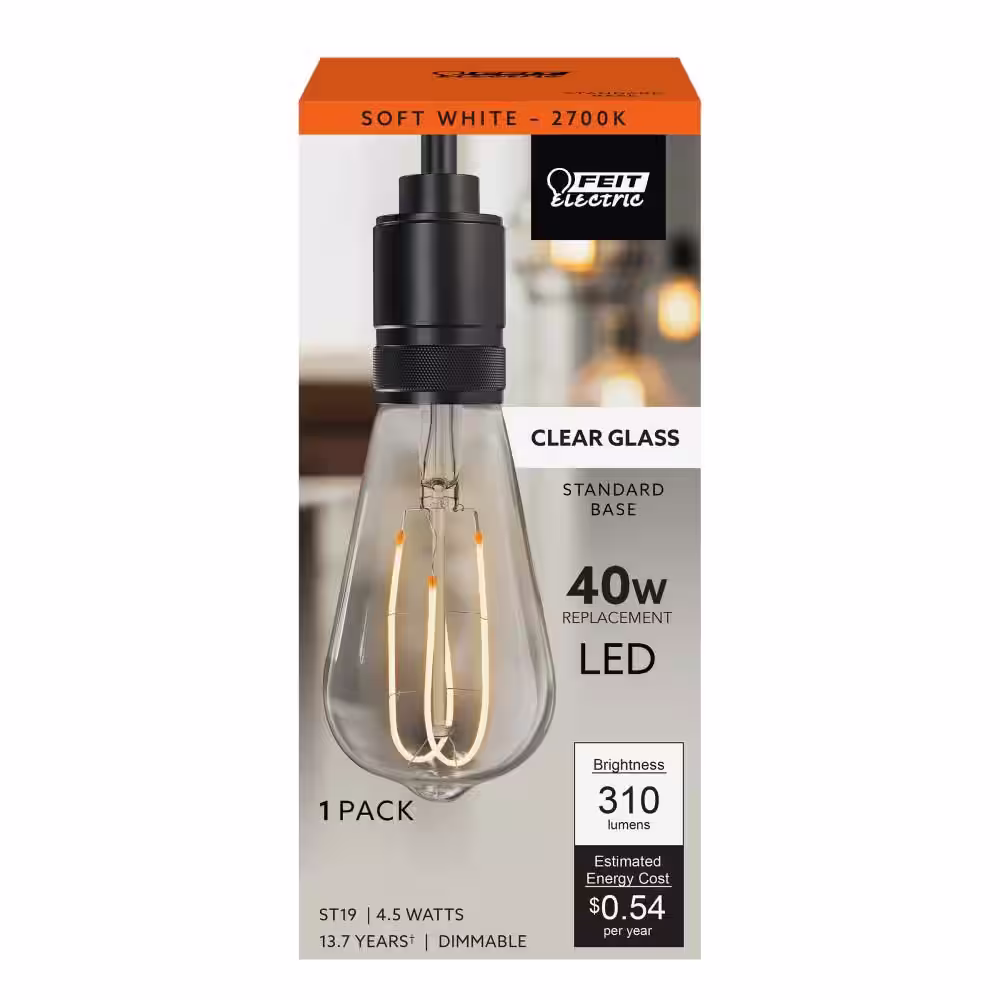 Feit Electric 40-Watt Equivalent ST19 DImmable M-Shape Filament Clear Glass E26 Vintage Edison LED Light Bulb, Soft White (4-Pack)