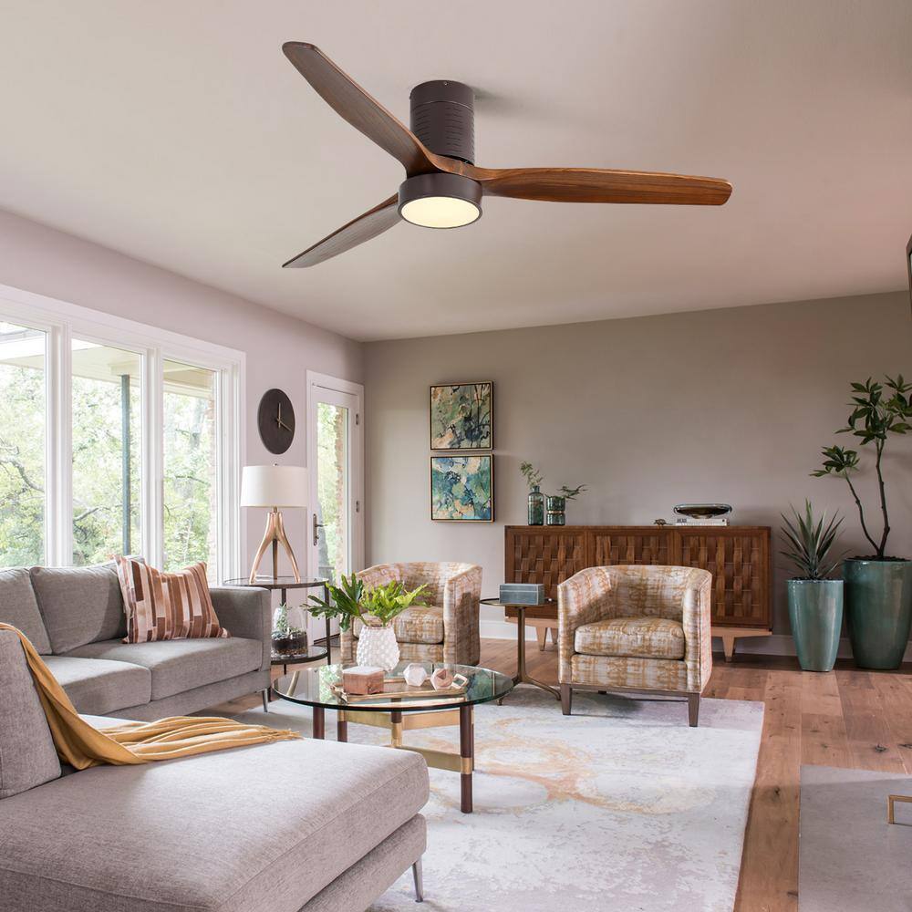 Runesay 52 in. Indoor Low Profile LED Light Ceiling Fan in Coffee with 3 Carved Wood Fan Blade and Remote Control