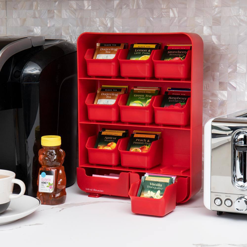 Mind Reader Anchor Collection, 9-Drawer Tea Bag Organizer, Removable Drawers, Red
