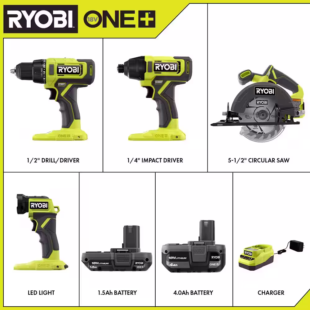 RYOBI ONE+ 18V Cordless 4-Tool Combo Kit with 1.5 Ah Battery, 4.0 Ah Battery, Charger, and FREE 2.0 Ah Battery (2-Pack)