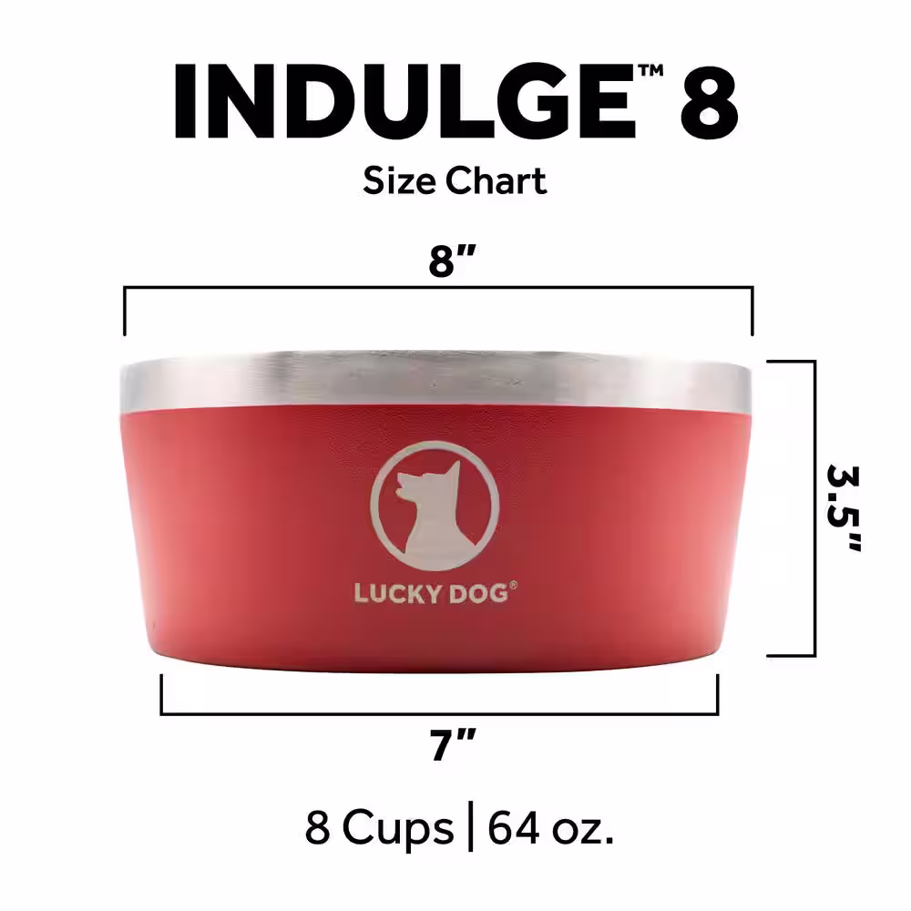 Lucky Dog INDULGE 64 oz. 8 Cup Double Wall Stainless Steel Dog Bowl, Non Slip, Lifetime Warranty in Red