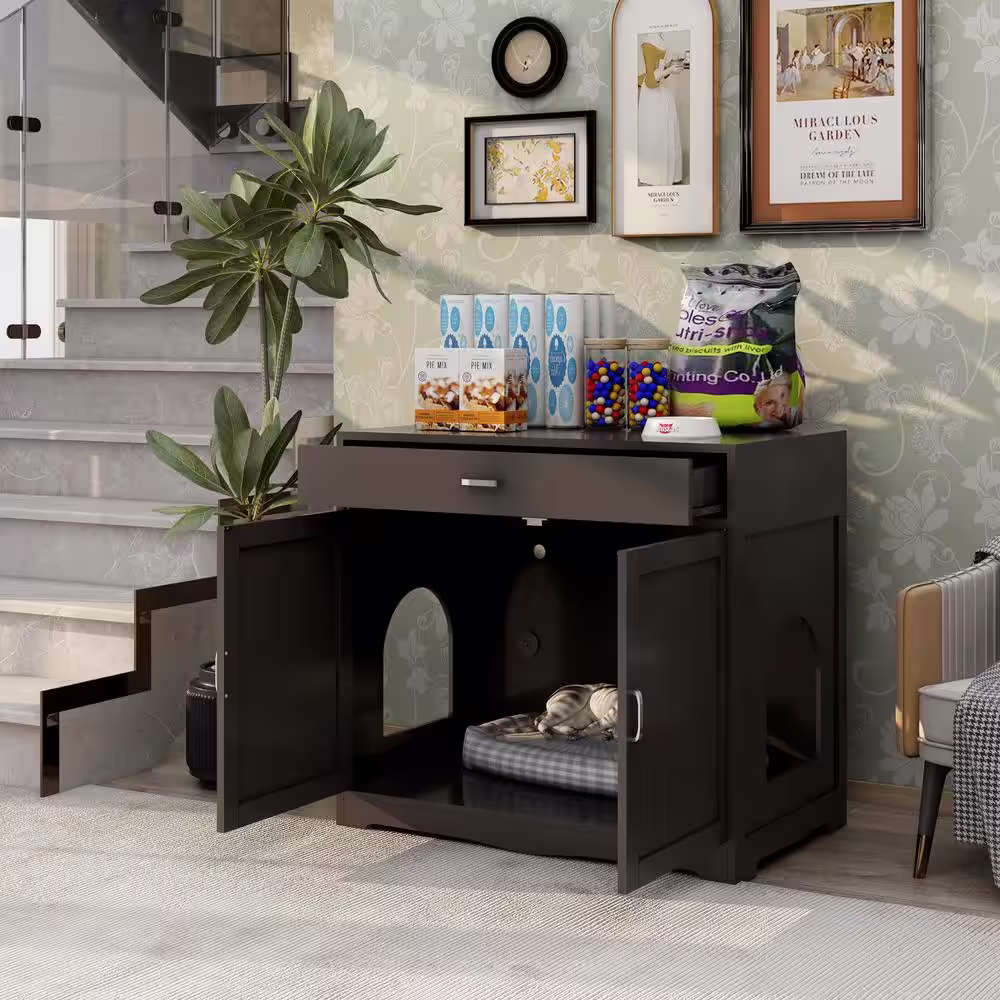 None Litter Box Enclosure Cat Litter Box Furniture with Hidden Plug 2 Doors Cat Washroom Storage Bench Side Table in Brown