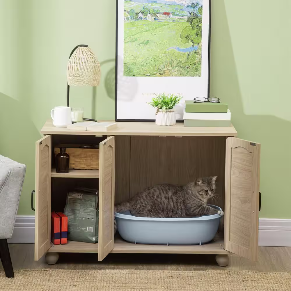 PawHut 39 in. x 21 in. x 27 in. Indoor Oak Wooden/Rattan Cat Litter Box Enclosure, Hidden Cat Washroom with Soft Cushion