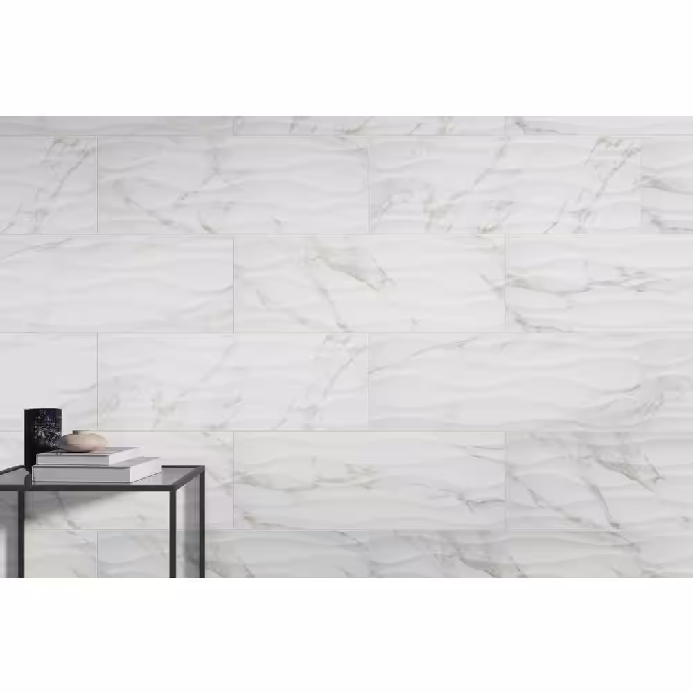 EMSER TILE Sculpture Oro 12.99 in. x 35.83 in. Glossy Marble Look Ceramic Wall Tile ( 12.928 sq. ft./Case)