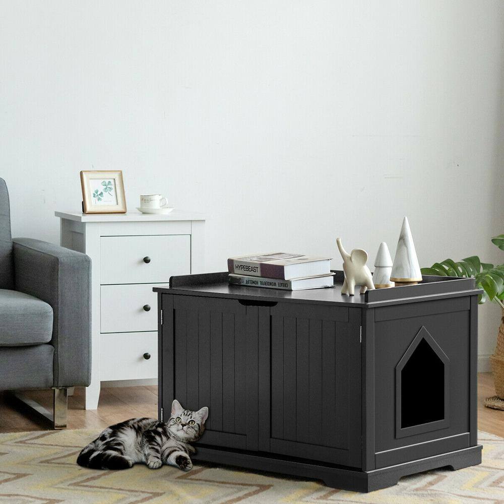 WELLFOR 29.5 in. W x 21 in. D x 20.5 in. H MDF Litter Box Cat Enclosure in Black with Double Doors for Large Cat and Kitty