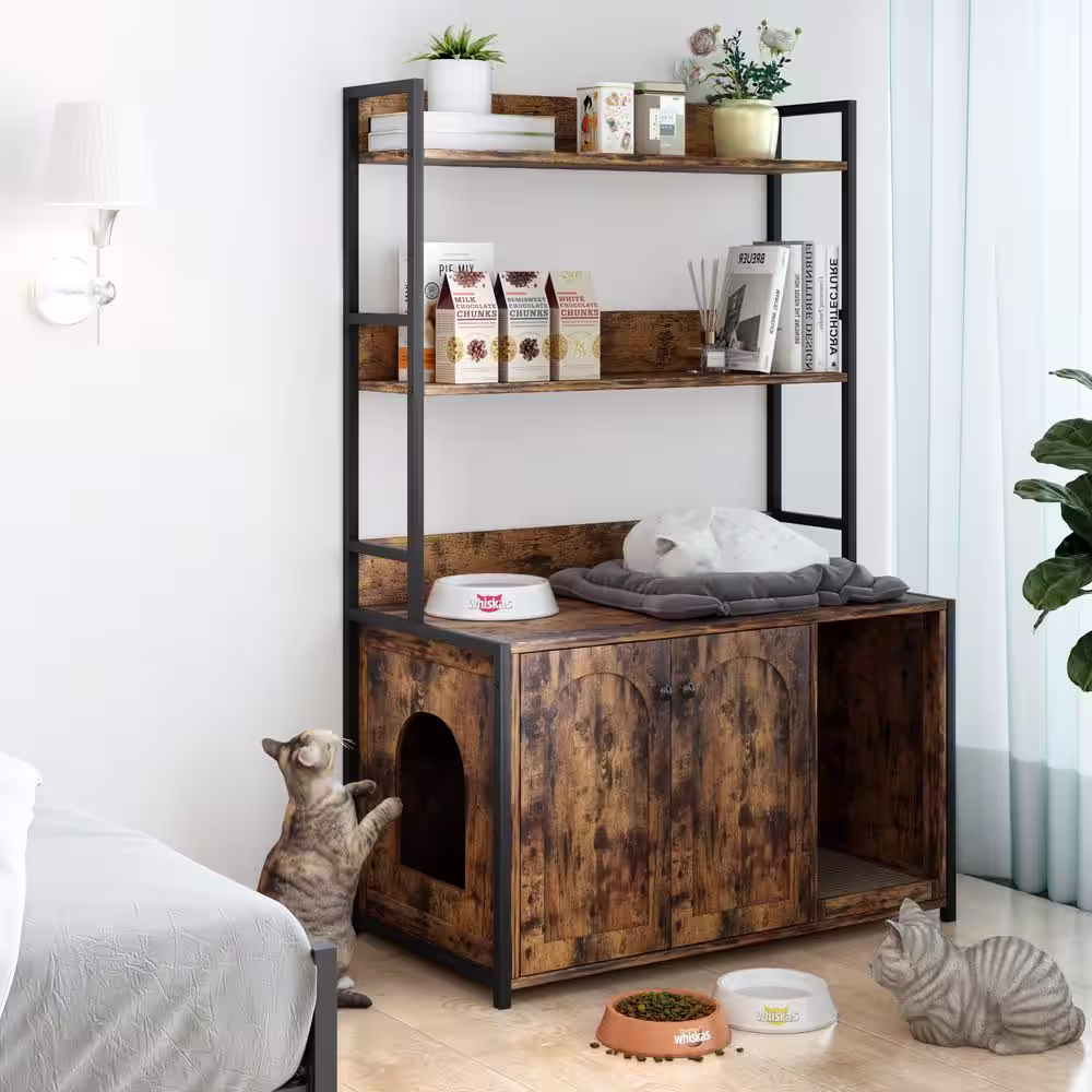 None 52 in. H Brown Cat Litter Box Enclosure with Shelf Storage Hidden Cat Washroom Furniture with Scratch Pad Cat Cabinet