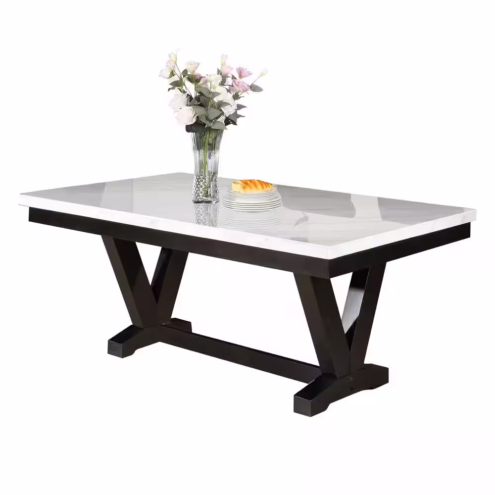 Steve Silver Finley 72 in. Retangular White Marble Dining Table with V Shaped Pedestal Base