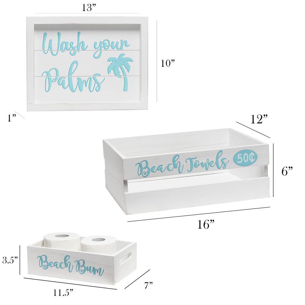 Elegant Designs 3-Piece Decorative Wood Bathroom Set, Large, Coastal/Beach (1-Towel Holder, 1-Frame, 1-Toilet Paper Holder)