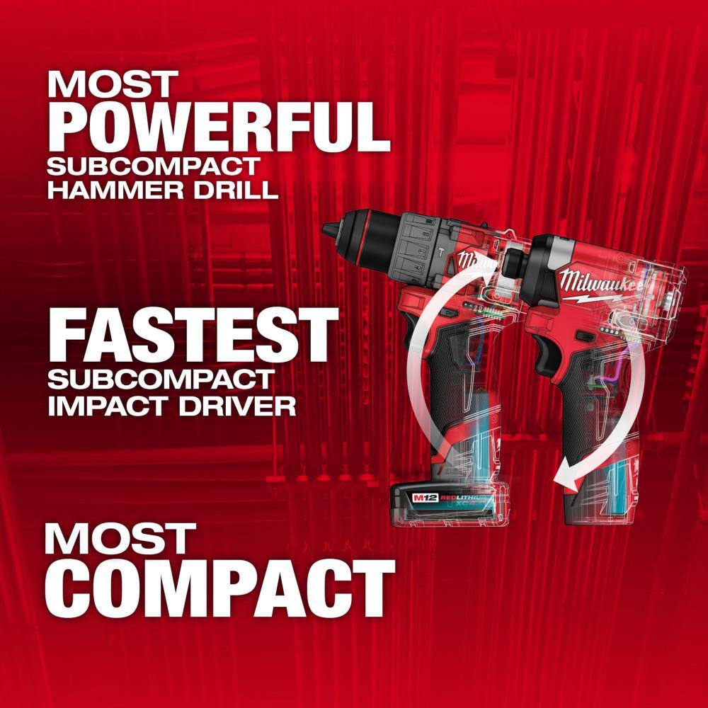 None M12 FUEL 12-Volt Lithium-Ion Brushless Cordless Hammer Drill, Impact Driver, Stand Light Combo Kit w/2 Batteries & Bag