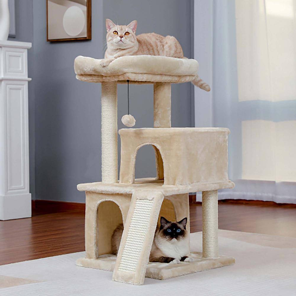 Foobrues Soft Cat Tower with Double Condos Scratching Posts and Trees in Beige