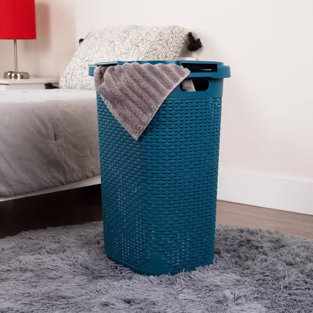 Mind Reader Basket Collection, Plastic Slim Laundry Hamper, 60 Liter (15kg/33lbs) Capacity, Attached Hinged Lid, Set of 2, Blue