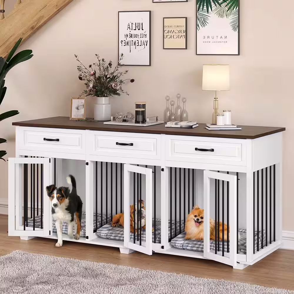 None Indoor XL Large Dog House for 3 Dogs, Heavy-Duty Wooden Dog Crate Furniture With 3 Drawers and 2 Dividers for L/M/S Dogs