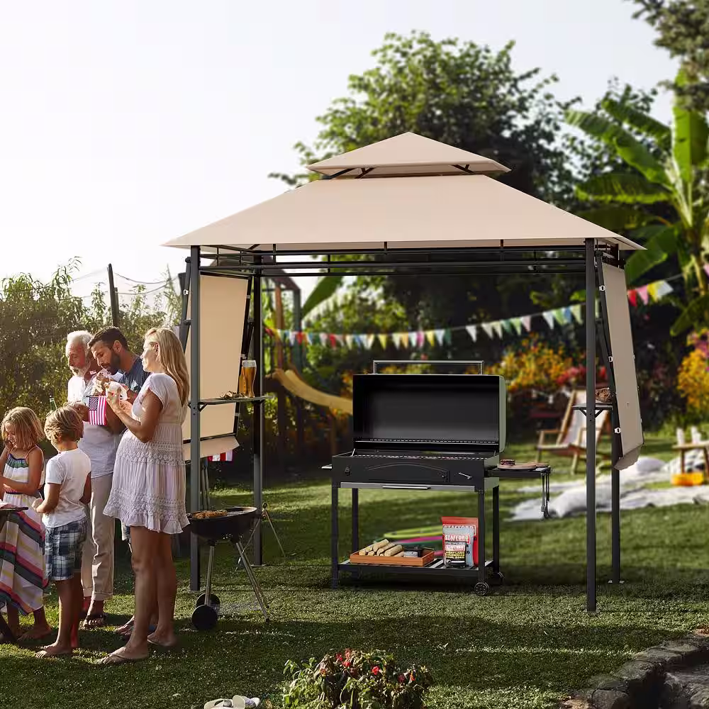 Gymax 13.5 ft. x 4 ft. Patio BBQ Grill Gazebo Side Awnings Shelves 2-Tier Canopy Outdoor