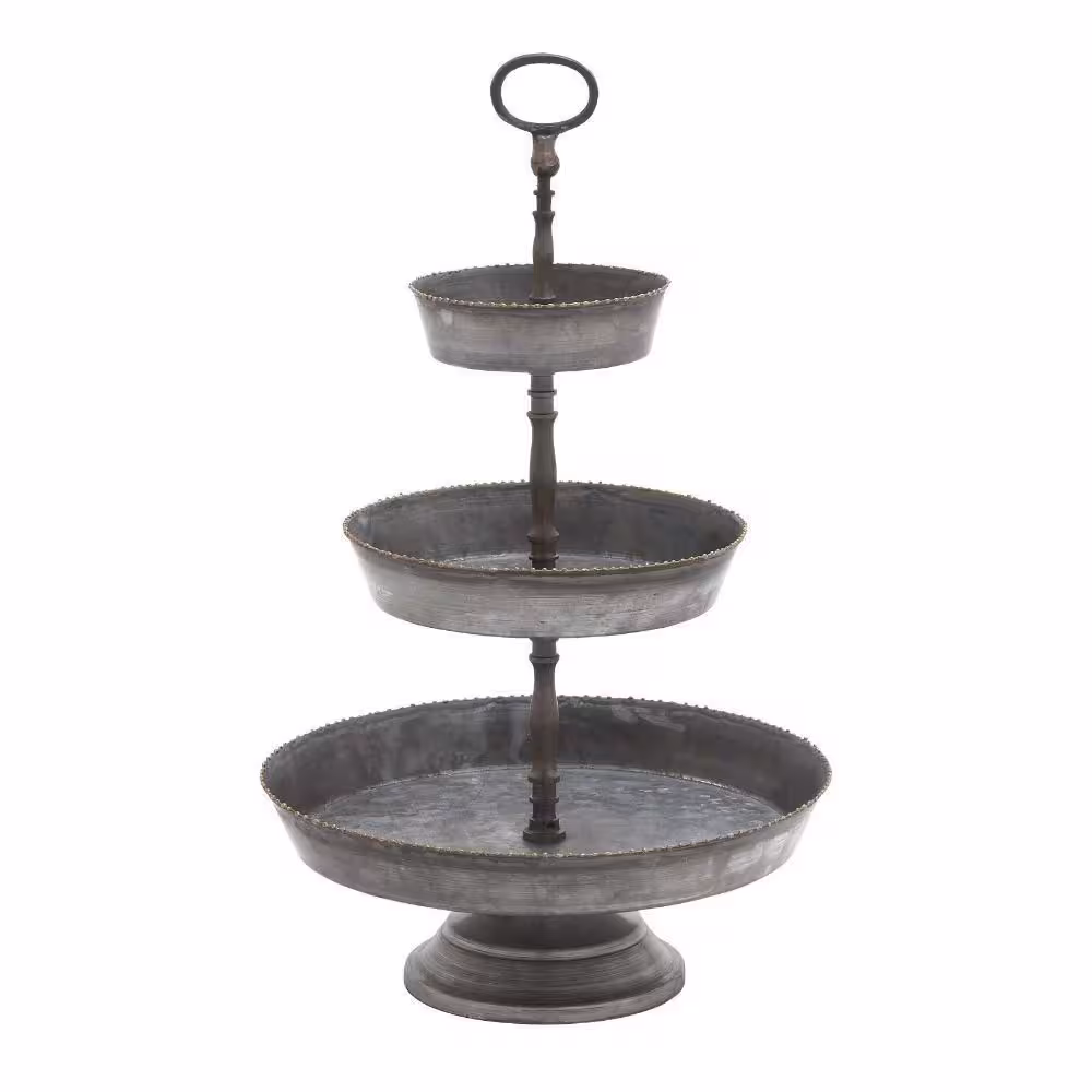 Benzara Silver Galvanized 3-Tier Studded Metal Tray