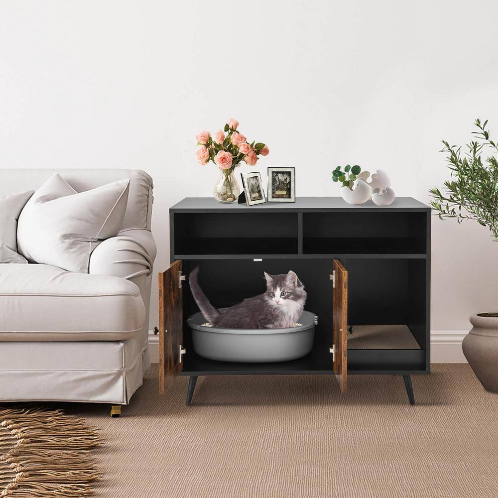ANGELES HOME 35-1/2 in. x 19-1/2 in. Brown Black MDF Cat Litter Box Enclosure with Scratch Pad