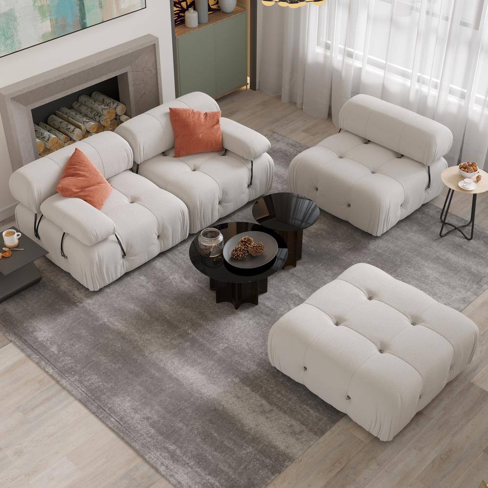 J&E Home 151.2 in. W Round Arm U-Shaped 6-Seater Velvet Free Combination Sofa with Ottoman in Beige