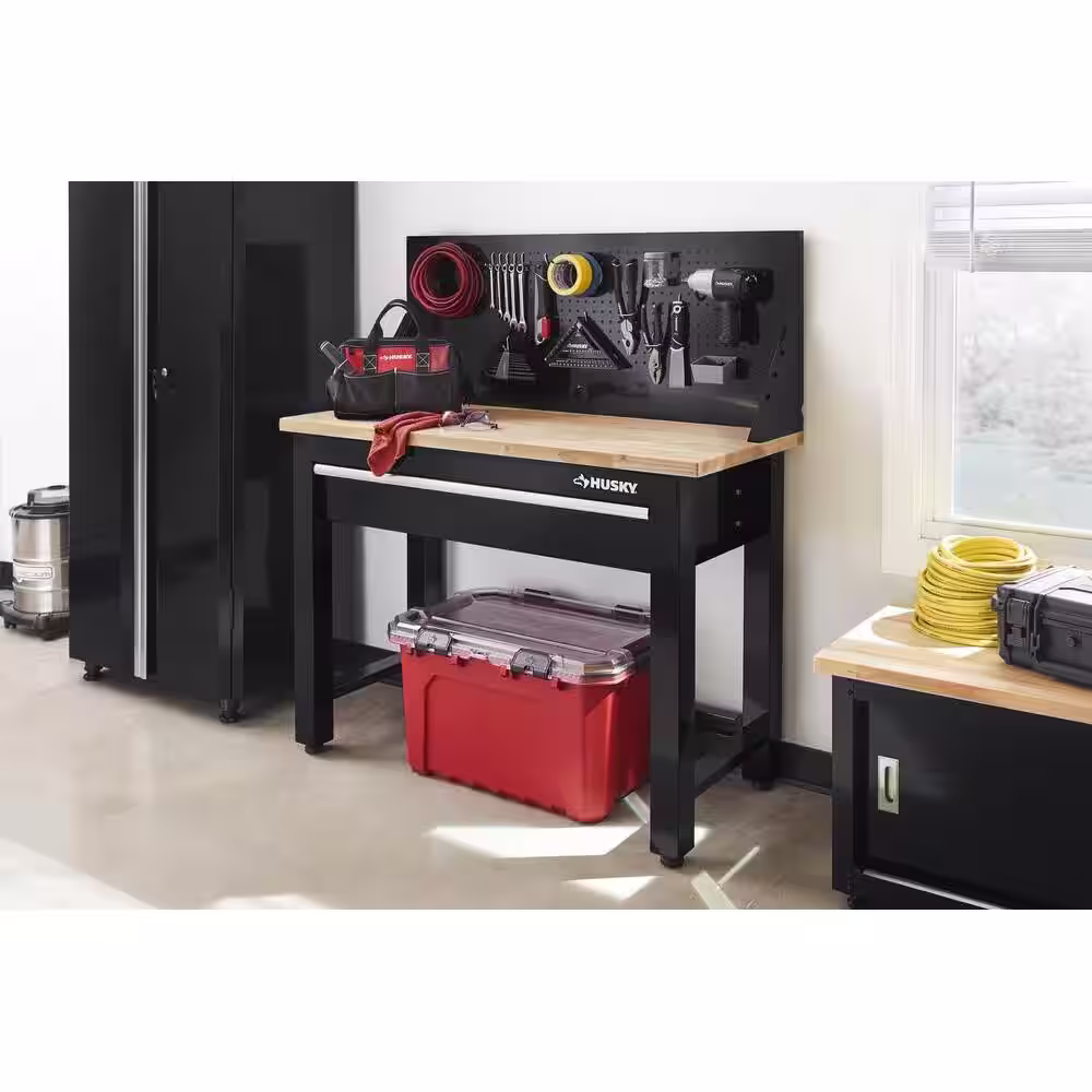 Husky 4 ft. Solid Wood Top Workbench in Black with Pegboard and 1 Drawer