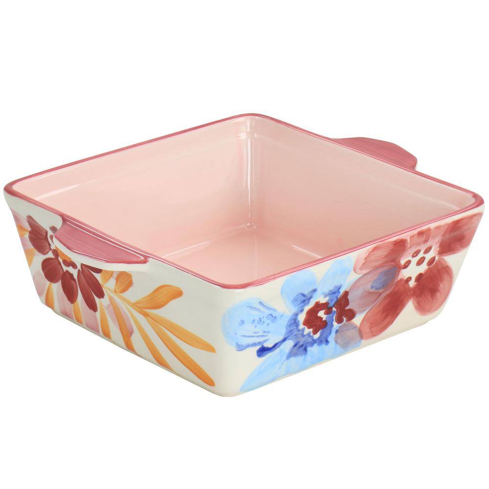 None Goji Blossom 2 qt. Square Stoneware Baker Pan in Pink