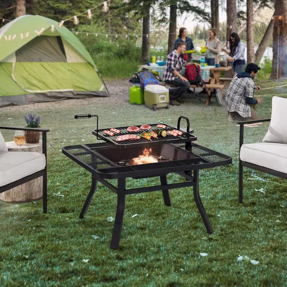 Sunjoy Darius 38 in. Square Firepit with Adjustable Cooktop Grill