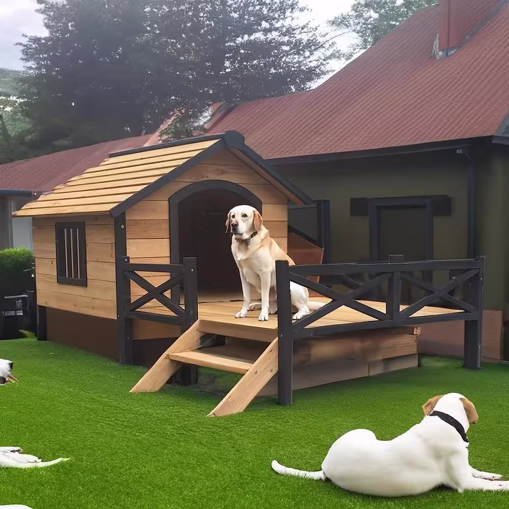 None Metal And Wood Outdoor Large Wooden Cabin House Style Wooden Dog Kennel With Porch