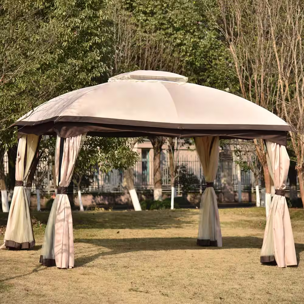 None 10 ft. x 12 ft. Khaki Aluminum Patio Outdoor Gazebo, Double Roof Soft Canopy