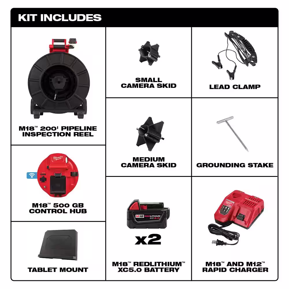 Milwaukee M18 18-Volt Lithium-Ion Cordless 200 ft. Pipeline Inspection System Image Reel Kit with Batteries and Charger