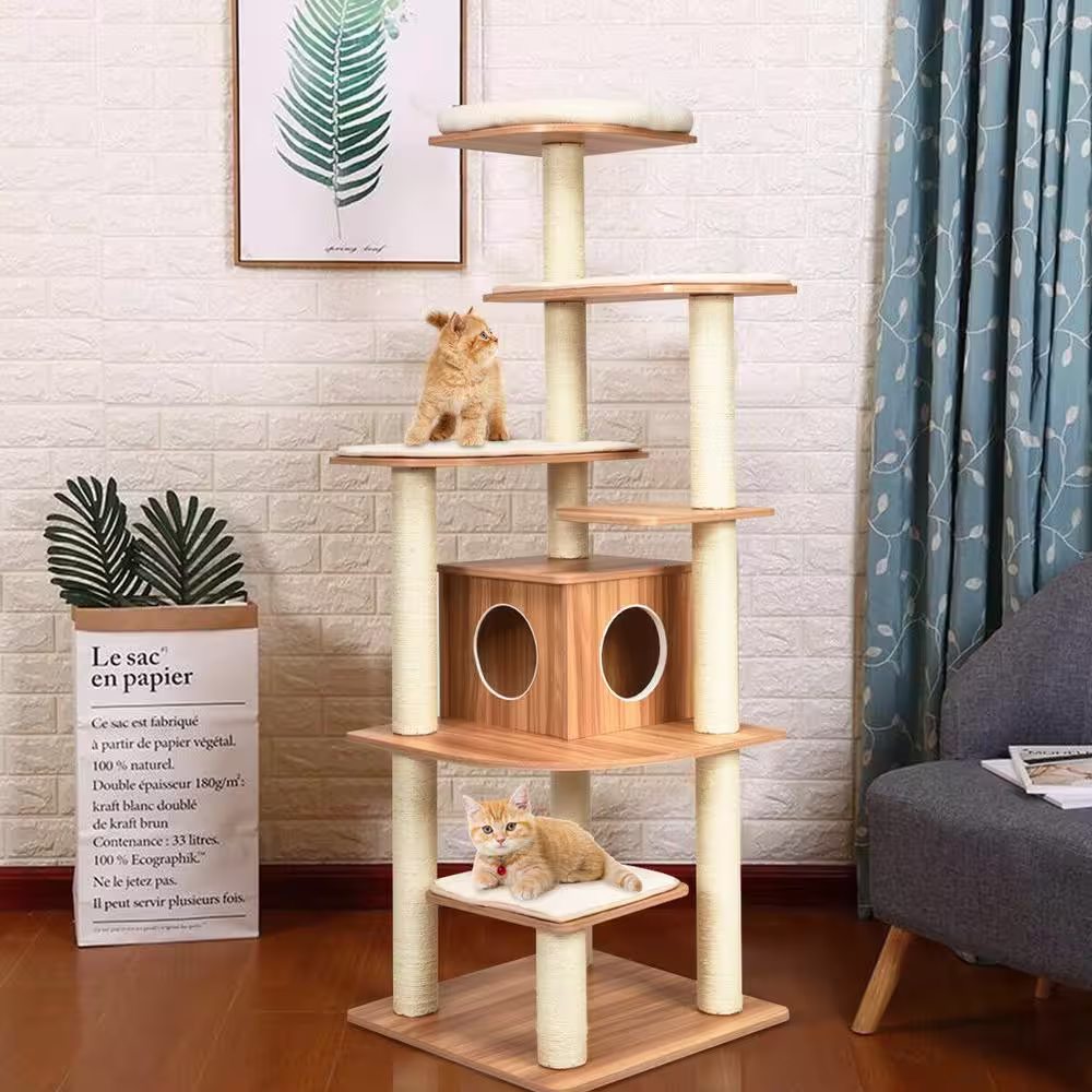 None 69 in. H Wood Multi-Layer Platform Cat Tree with Condo with Wood Furniture Cover