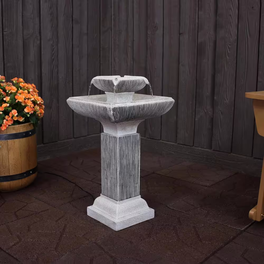 Sunnydaze Decor 25 in. Square 2-Tier Outdoor Birdbath Water Fountain with LED Lights and Electric Submersible Pump