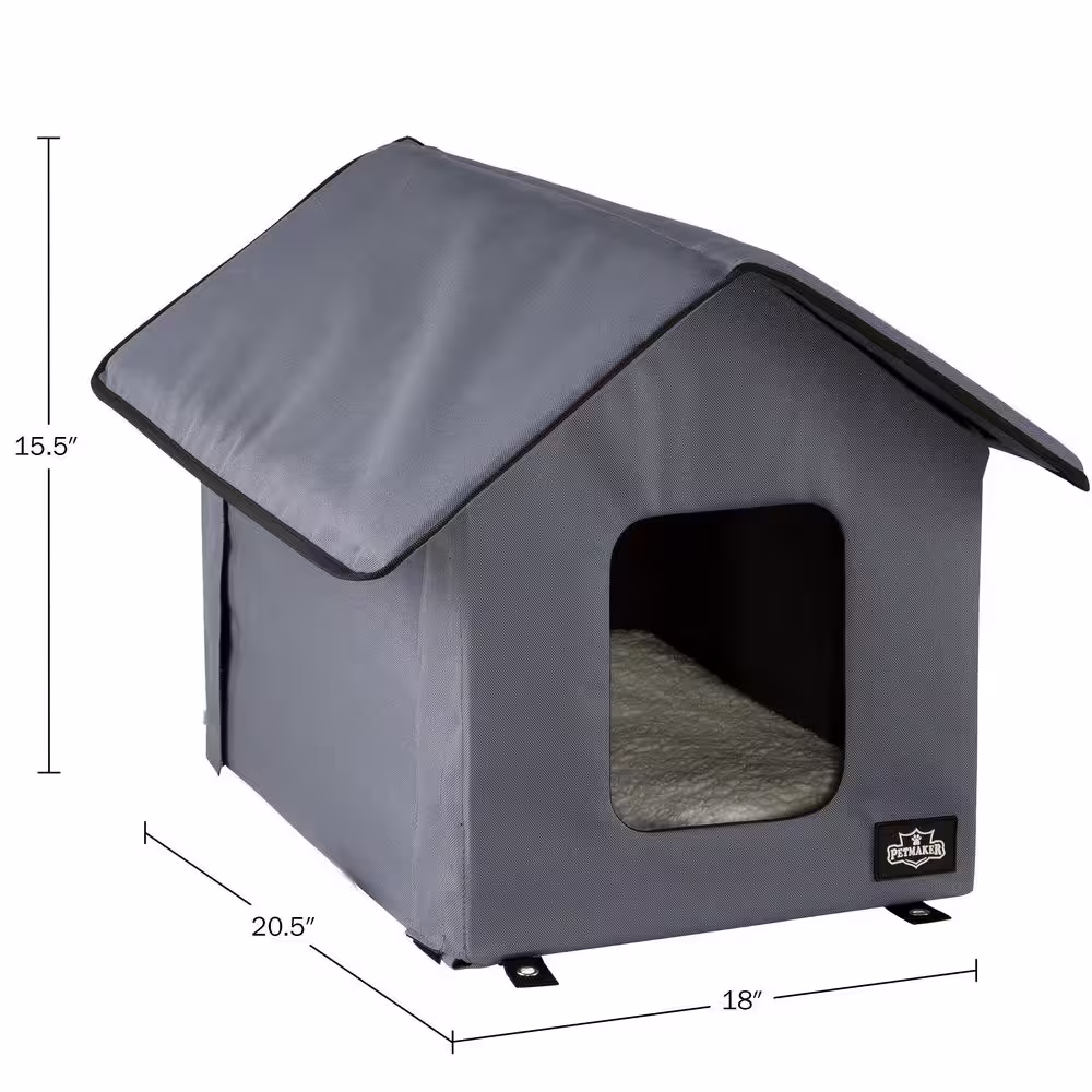 Petmaker Heated Cat House with Double-Door, Zippered Roof, Pet Heating Pad and Sherpa Cover, Gray